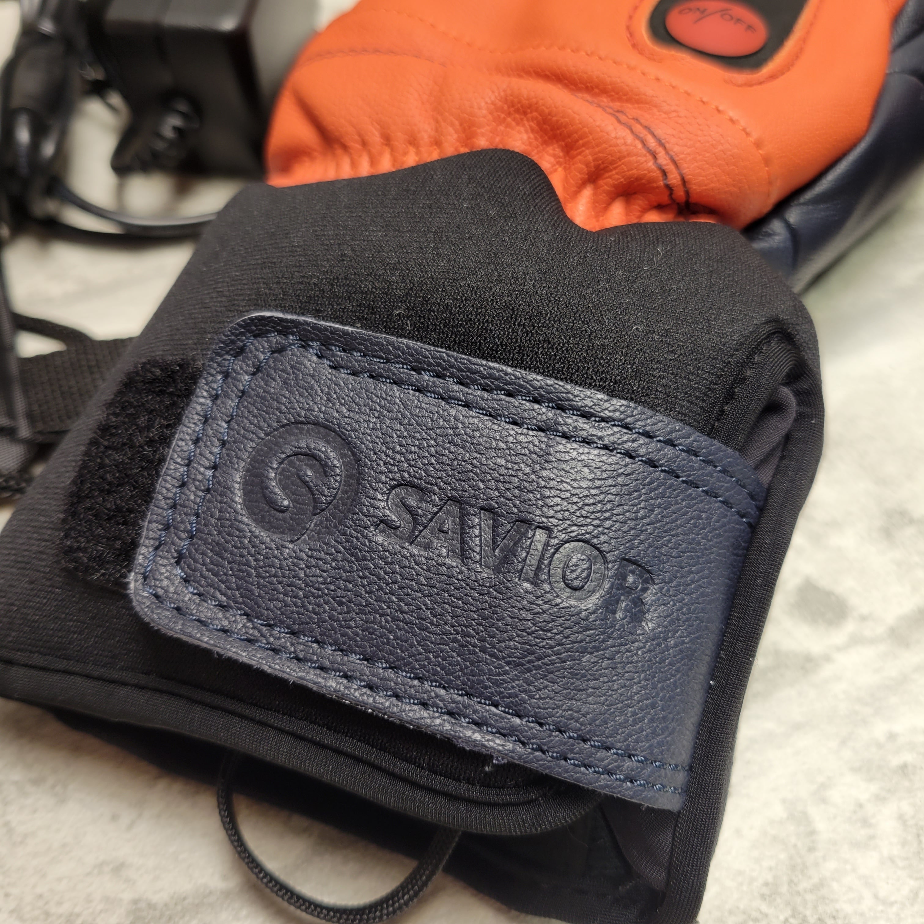 SAVIOR HEAT Heated Ski Mittens Leather Thick Gloves, Orange/Navy, Large (7618419032302)